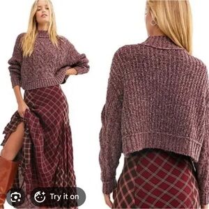 Free People Dusty Mauve Textured Cropped Crew Sweater